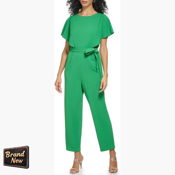 Flutter Sleeve Scuba Crepe Tie Jumpsuit Stretchy Polyester Spandex Blend